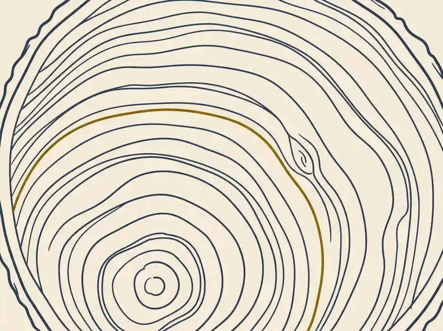 Hand-drawn illustration of a cut hardwood log's growth rings, flat ink line art